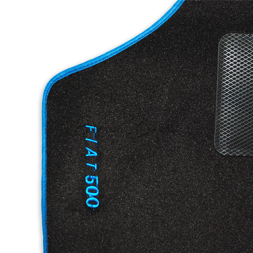 Kit 4 tappeti in moquette bordo blu scritta | Fiat 500 N D F L R Giardiniera |